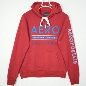 Y2K Aeropostale Hoodie Men's Large Red Full Zip Embroidered Spell Out Sweatshirt